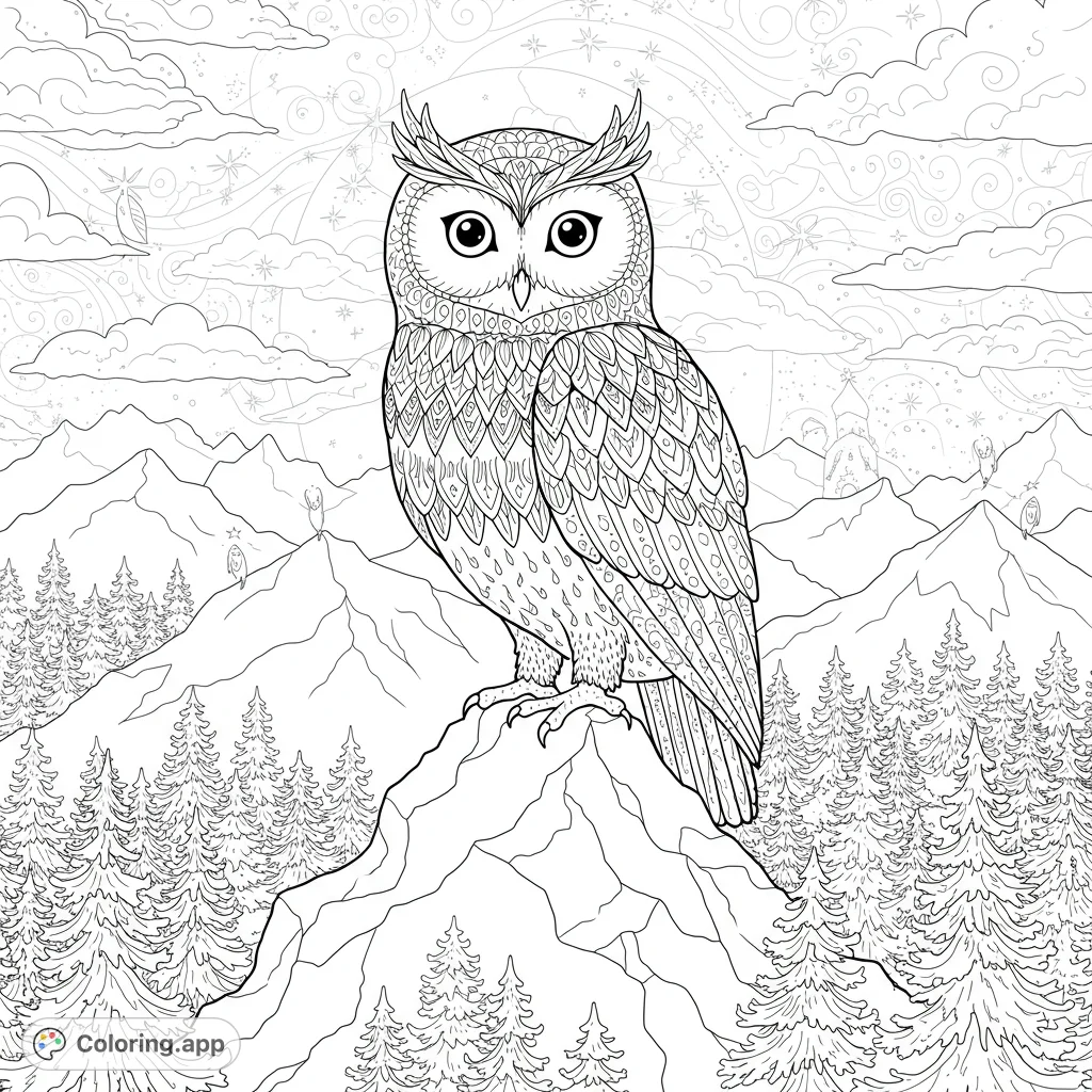 Discover a detailed abstract owl perched on a mountain, surrounded by fir trees, stars, and magic. A captivating owl coloring page for all ages.