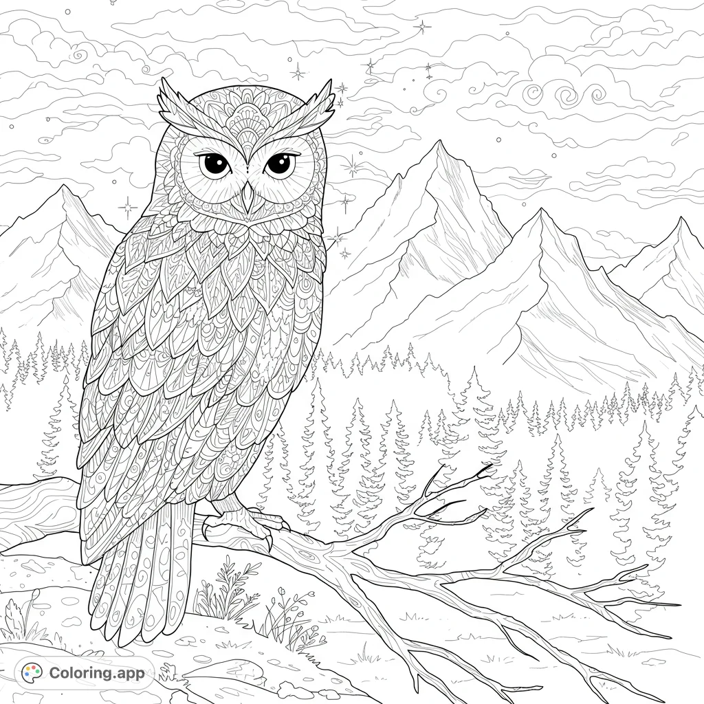 Unleash creativity with a highly detailed fantasy owl coloring page. Features an abstract owl, mystical mountains, and swirling stars.