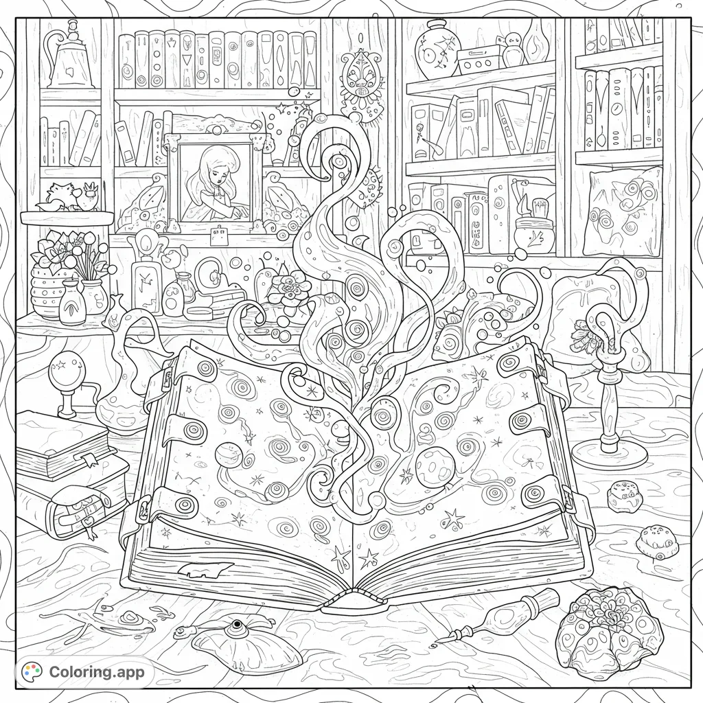 Unleash your creativity on a mystical open spell book, radiating intricate swirls, stars, and magic, set against a detailed bookshelf background.