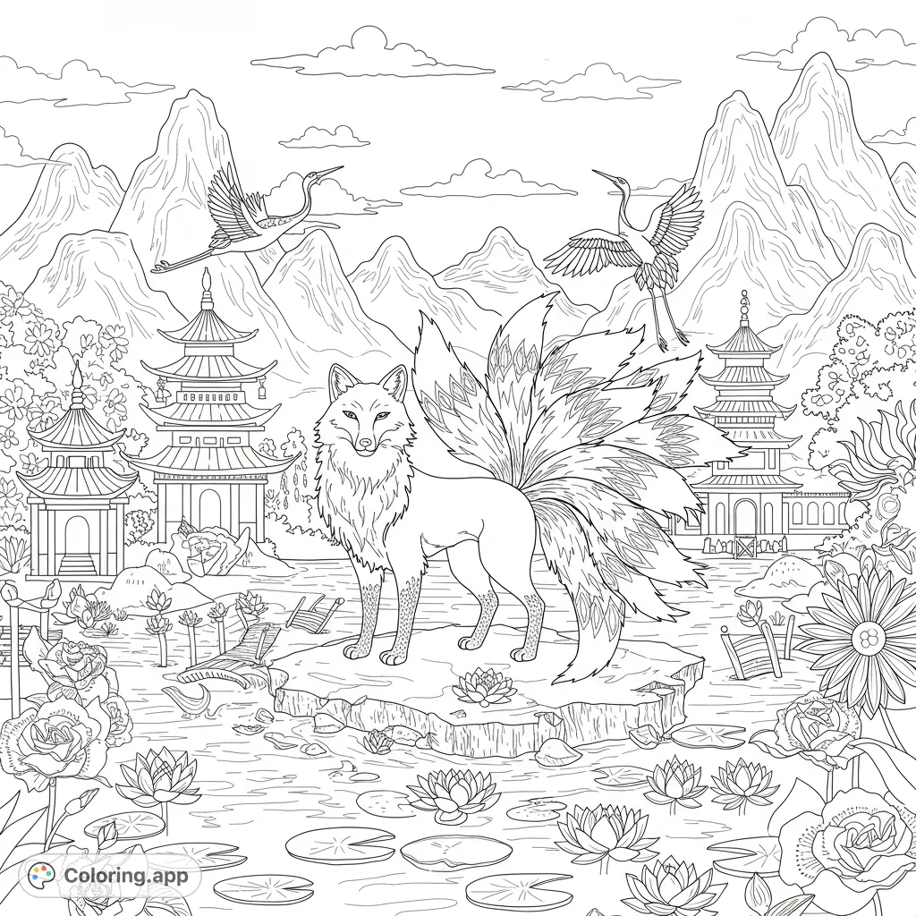 Enter a surreal dreamscape featuring a majestic nine-tailed fox amidst floating Asian architecture, water lilies, and soaring cranes. A highly detailed, hand-drawn sketch.