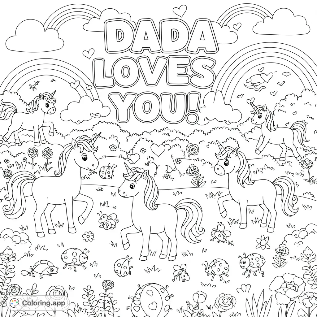 Enter a whimsical world with playful unicorns, tiny ladybugs, and grand rainbows. A delightful scene perfect for imaginative coloring fun.