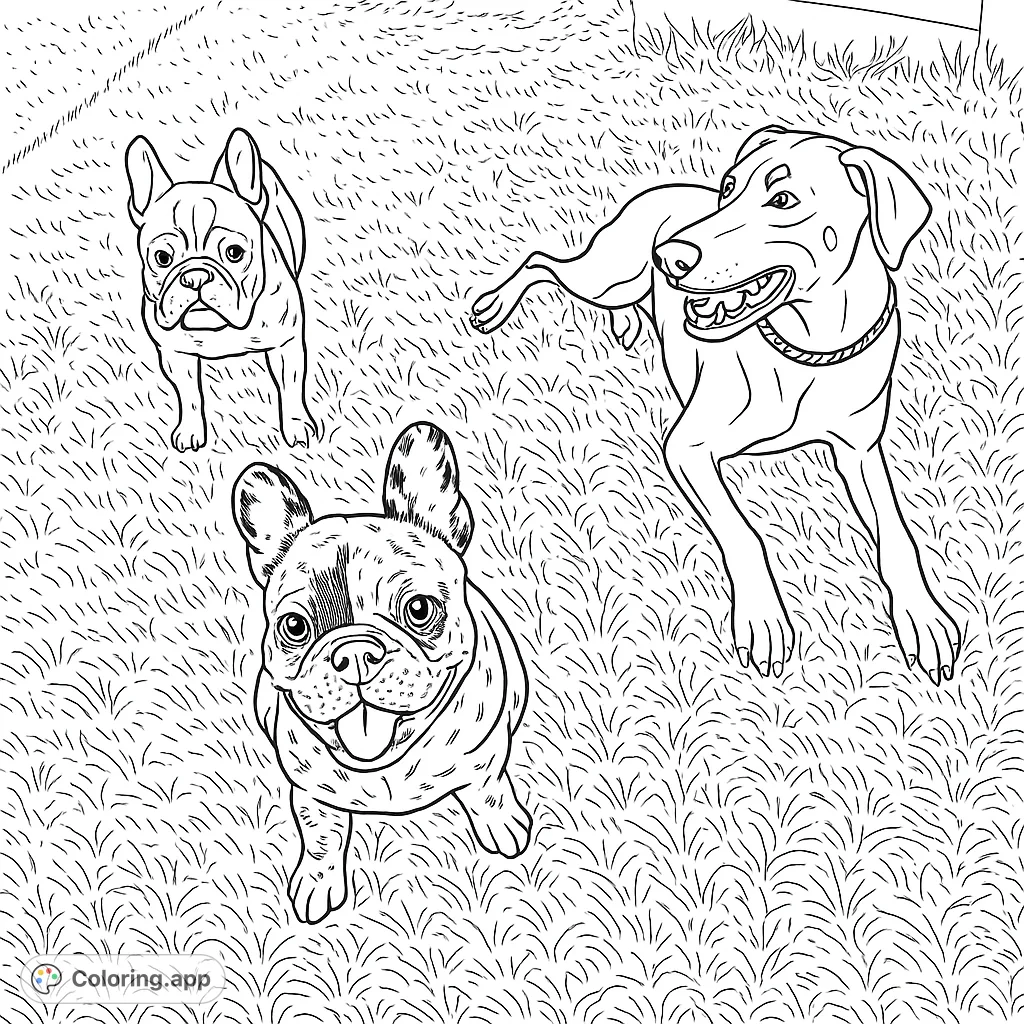 A delightful dog coloring page featuring a Doberman and two French Bulldogs on a grassy lawn, perfect for pet lovers of all ages.