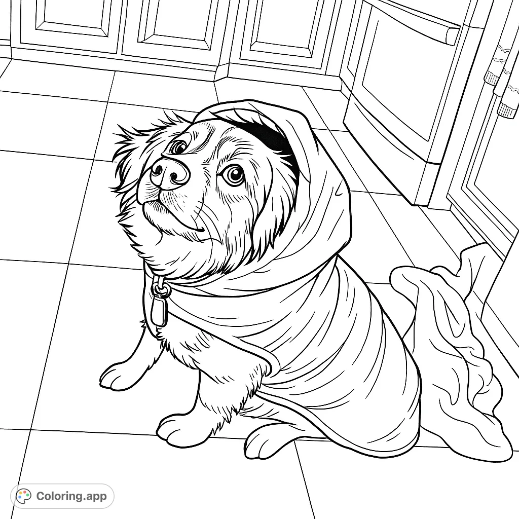 An adorable dog in a hooded jacket sits attentively on a tiled floor. A charming and cozy dog coloring page for all ages.