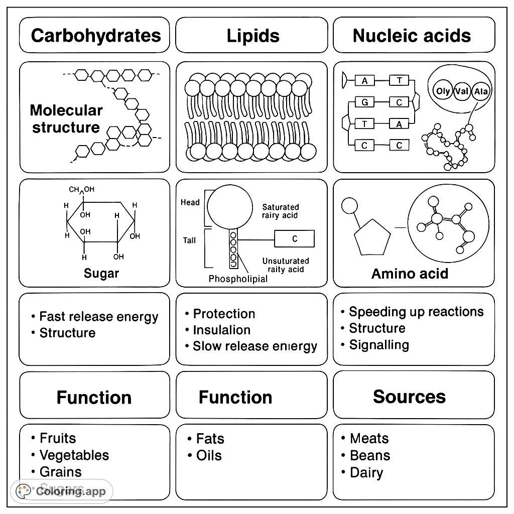 Explore the fundamental building blocks of life with this detailed macromolecules coloring page. Learn about carbohydrates, lipids, nucleic acids, and proteins.