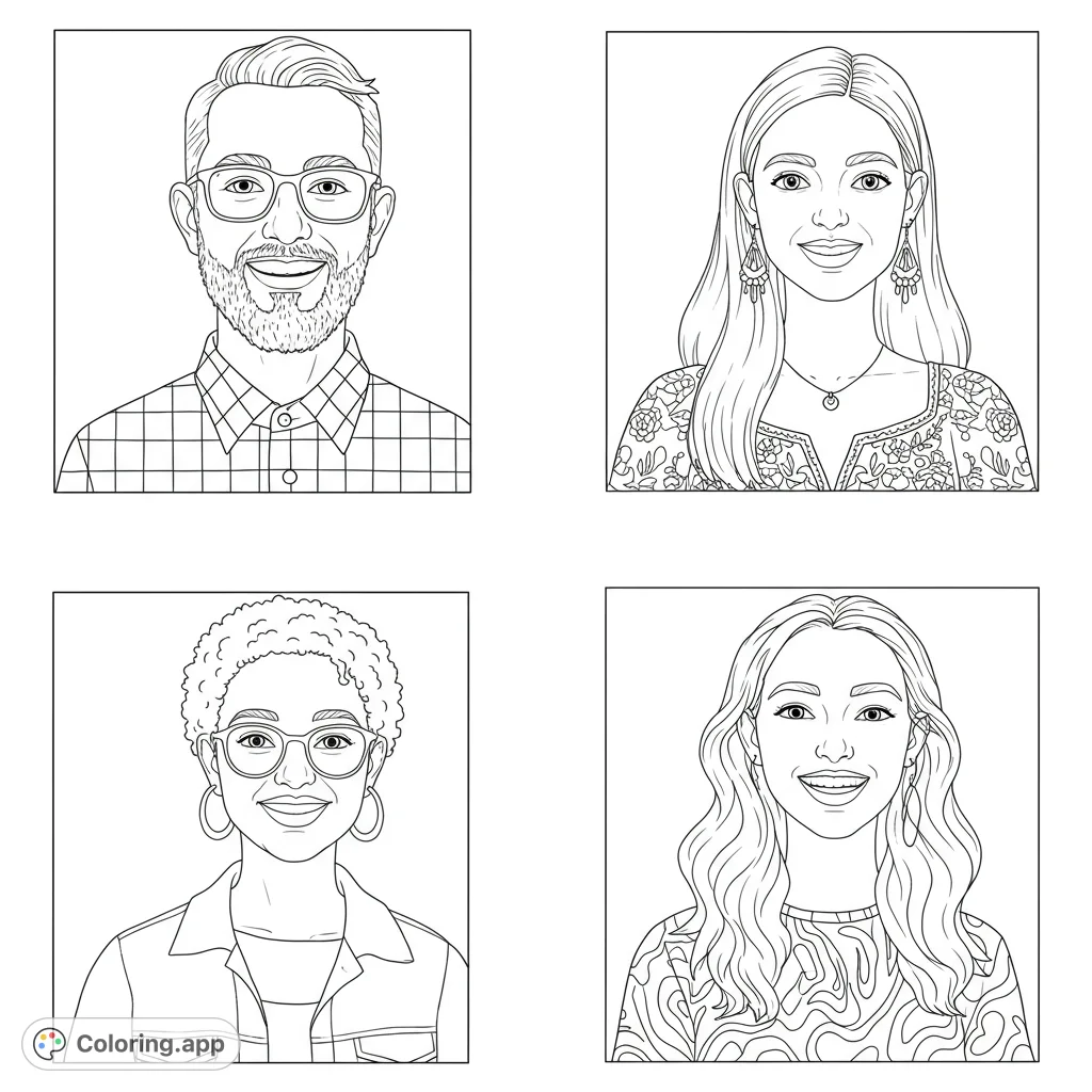 Explore a unique portrait coloring page featuring four diverse individuals with distinct hairstyles, eyeglasses, and intricate clothing patterns in a grid layout.