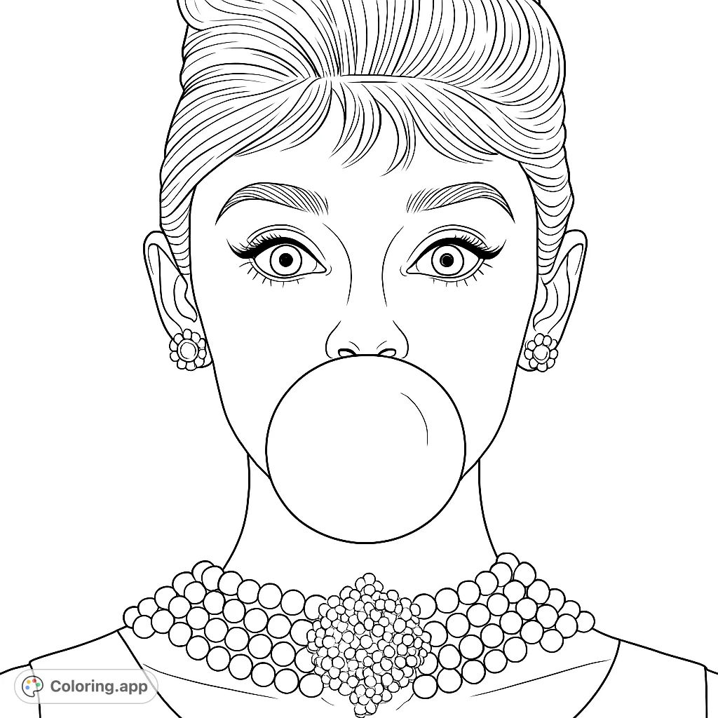 An elegant woman with a classic updo and pearl jewelry blows a playful bubble. A sophisticated yet fun coloring page for all ages.