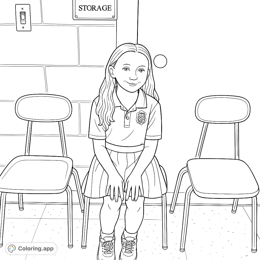 A young girl sits on a chair in a classroom setting, ready for a fun coloring adventure. Perfect for school-themed creativity.