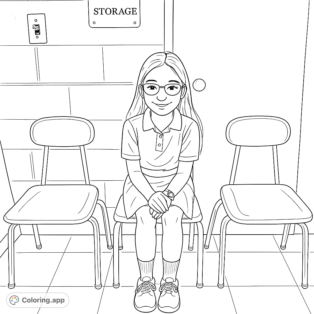A cheerful girl sits patiently in a school setting, ready for a creative coloring adventure. Perfect for young artists to personalize her outfit and surroundings.
