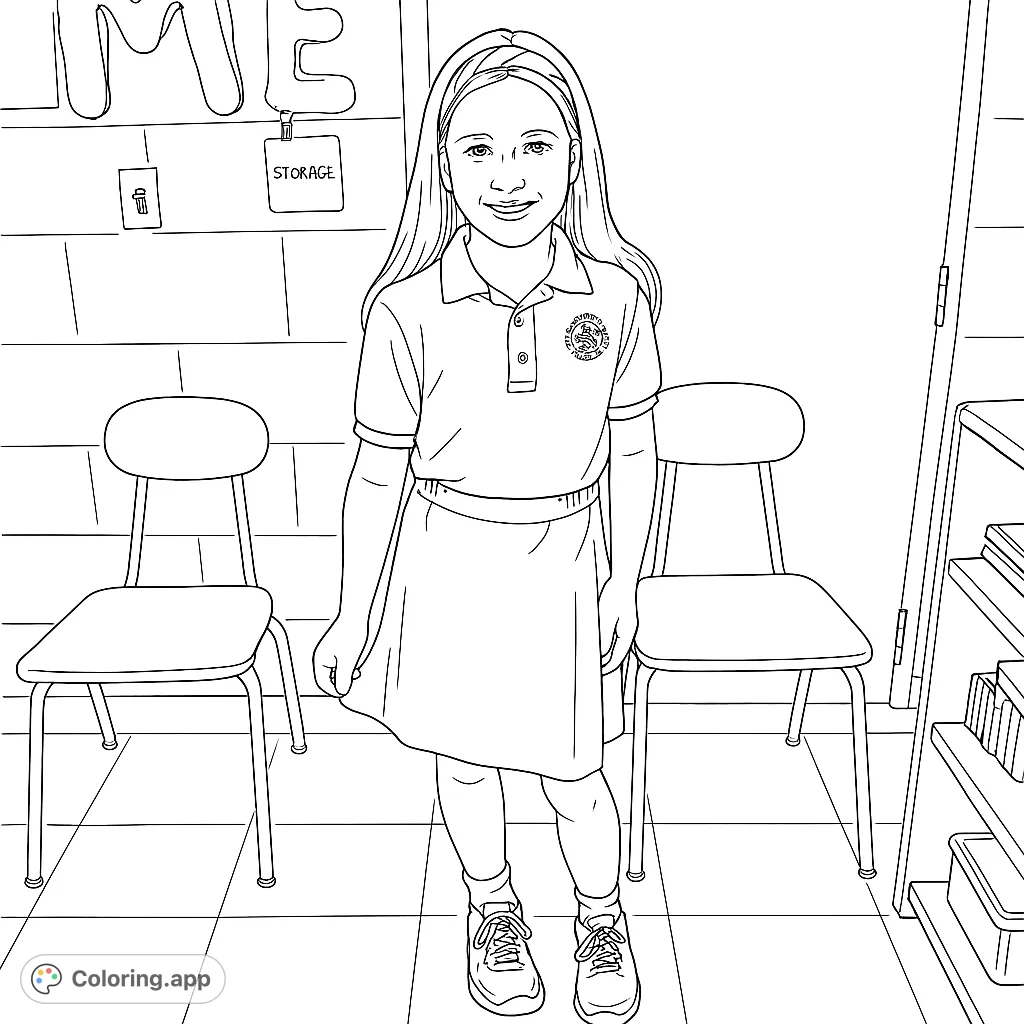 A cheerful student stands ready for a fun day at school. This free printable school coloring page features a happy girl in a classroom setting, perfect for kids.