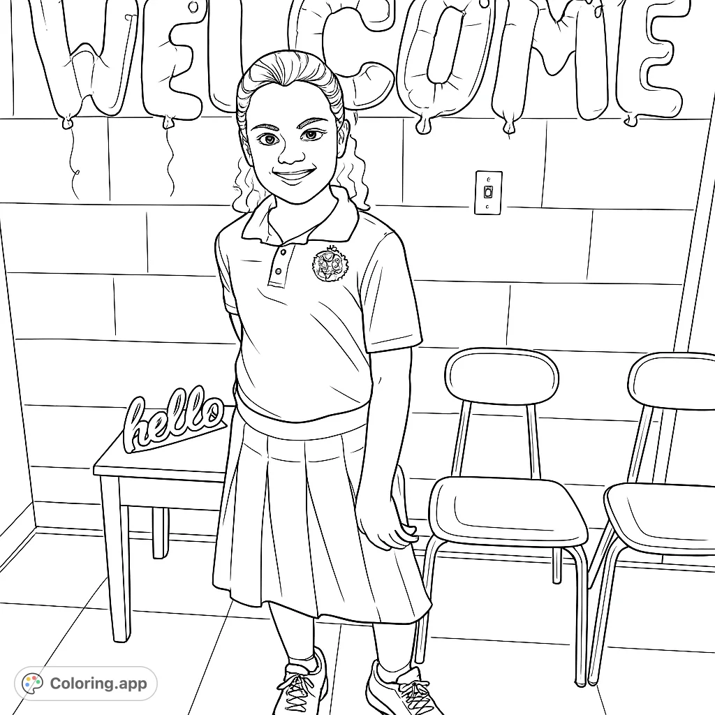 A cheerful girl stands before a 'WELCOME' balloon display, ready for a new adventure. Perfect for school-themed coloring fun.