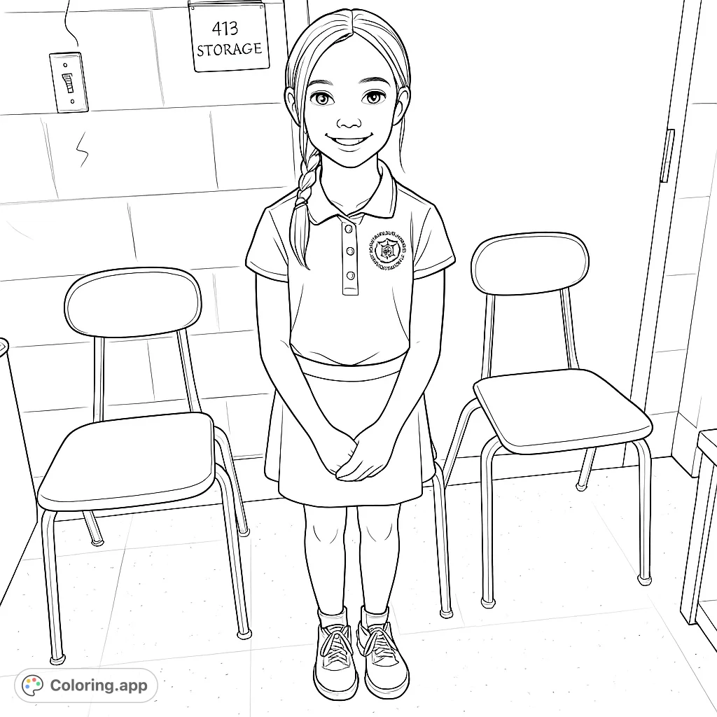 A cheerful girl stands ready for school in a classroom setting, surrounded by chairs and a textured wall. Perfect for young colorists.