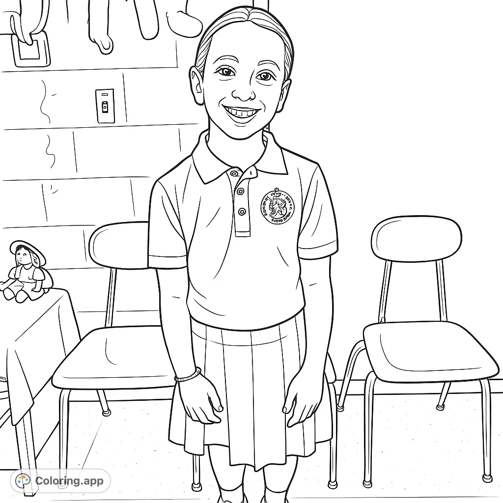 A cheerful student stands ready for a fun coloring adventure. Features a smiling girl in school attire, perfect for young artists.