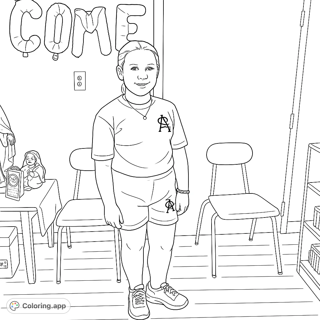 A young student stands in a classroom with decorative balloons and furniture, ready for a fun coloring activity.