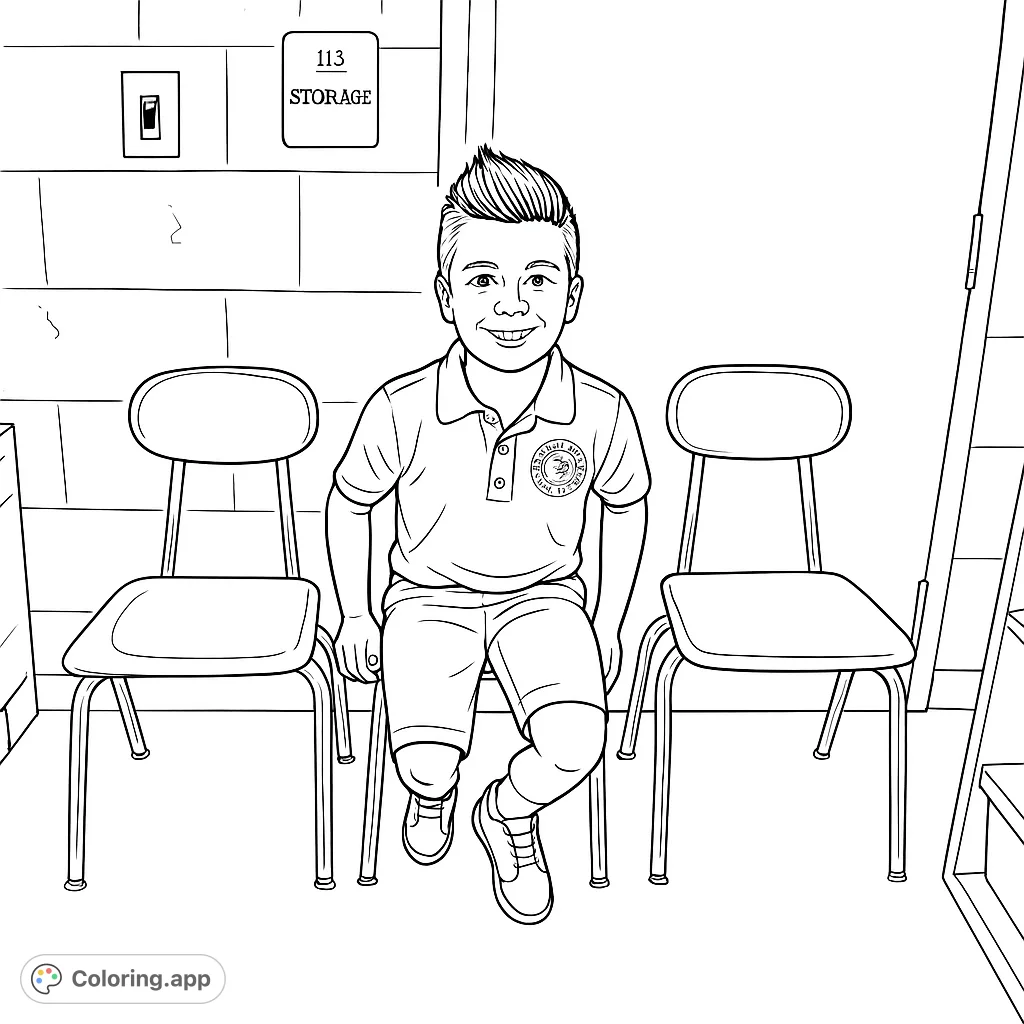 A cheerful young student stands between two chairs in a classroom setting, ready for a fun day of learning. Perfect for kids!