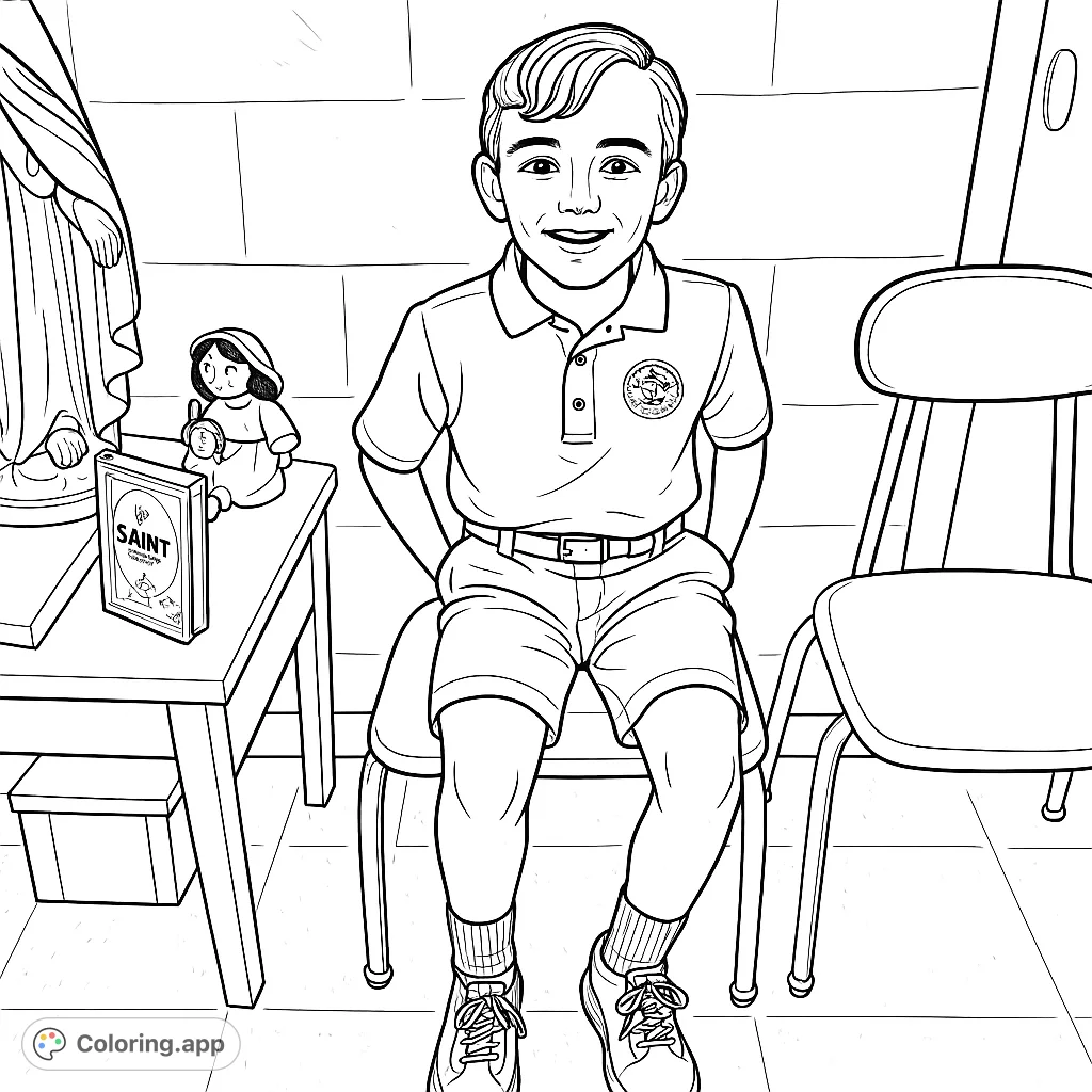 A cheerful young student in uniform sits, ready for a fun coloring adventure. Features a detailed background with books and a statue, perfect for all ages.