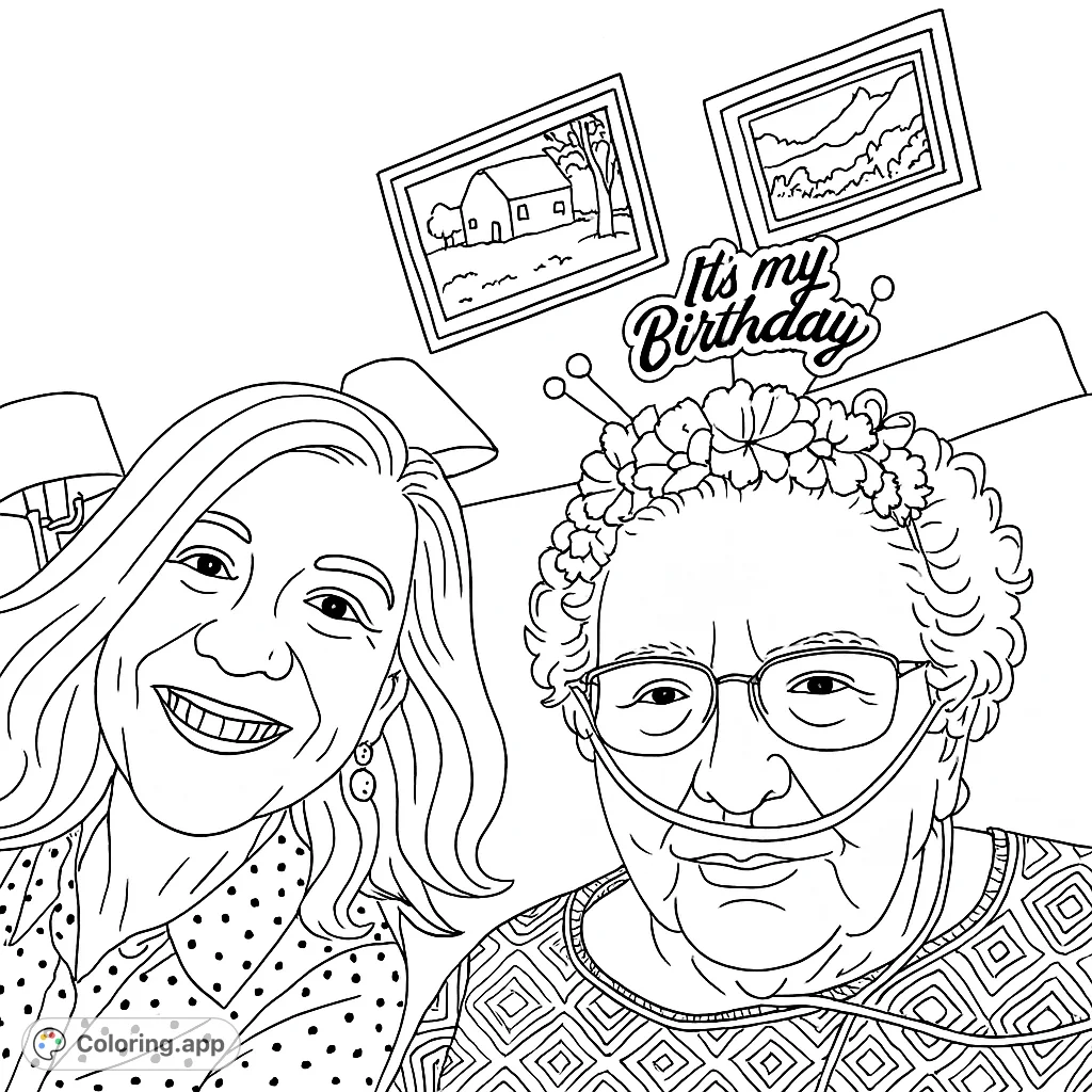 Celebrate a special birthday with this heartwarming portrait of two women, one wearing a festive floral headband and a 'It's my Birthday' sign.