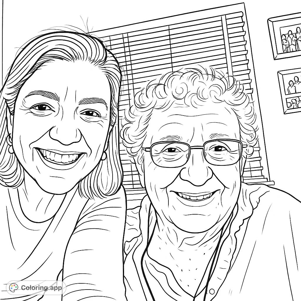 A heartwarming scene of two generations sharing a joyful smile, perfect for a family-themed coloring page, celebrating intergenerational bonds.