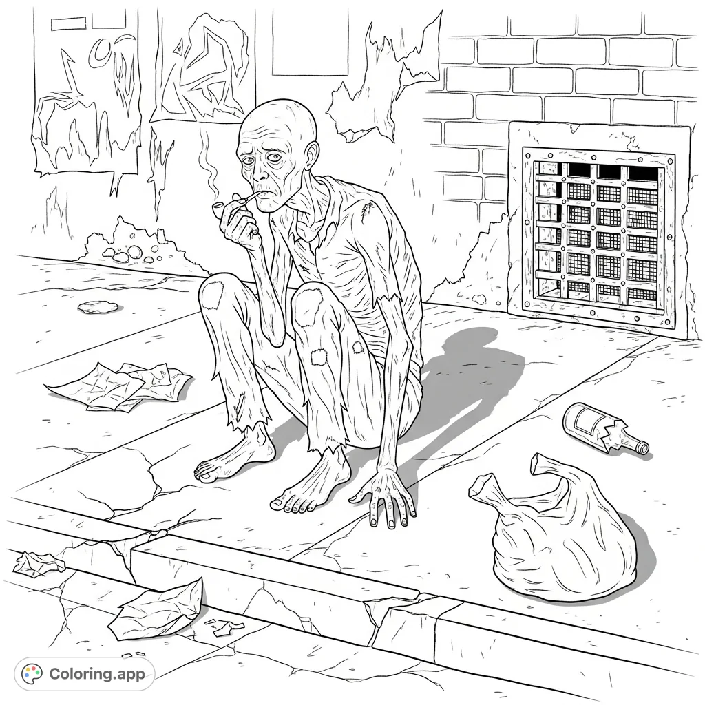 A detailed, realistic depiction of a figure on a grimy urban sidewalk, capturing a scene of profound urban despair. Perfect for adult colorists exploring complex themes.