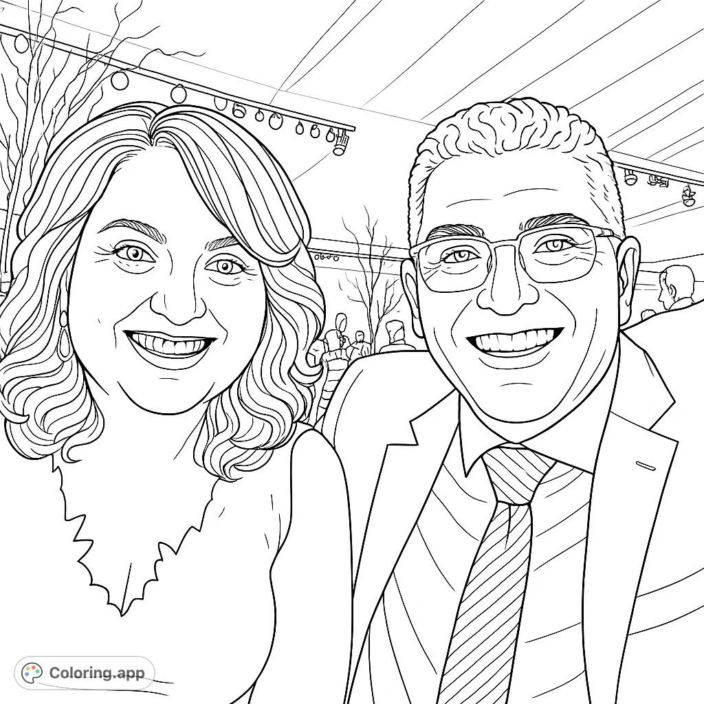 Capture the warmth of a joyful couple at an elegant event. This portrait offers a delightful coloring experience for all ages.