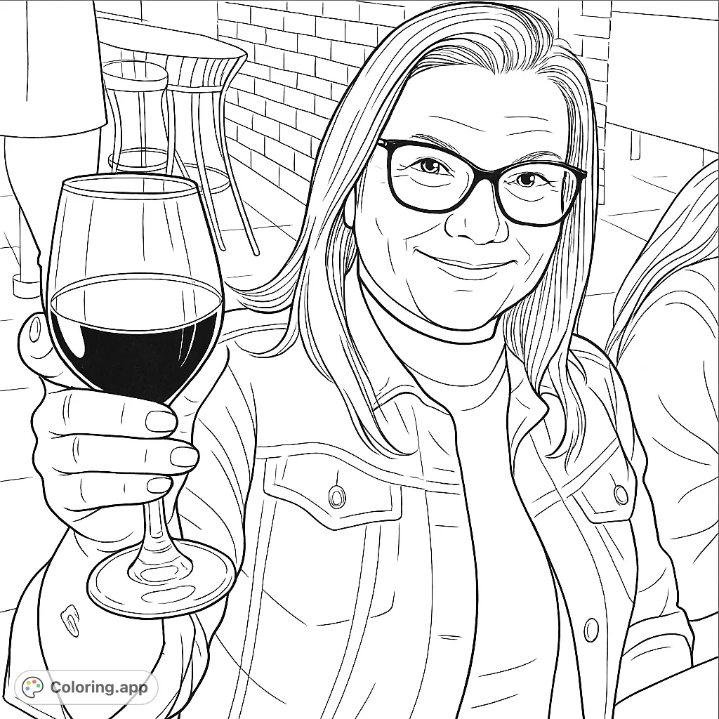 Capture a moment of relaxed enjoyment with this adult coloring page featuring a smiling woman holding a stemmed glass, perfect for unwinding.