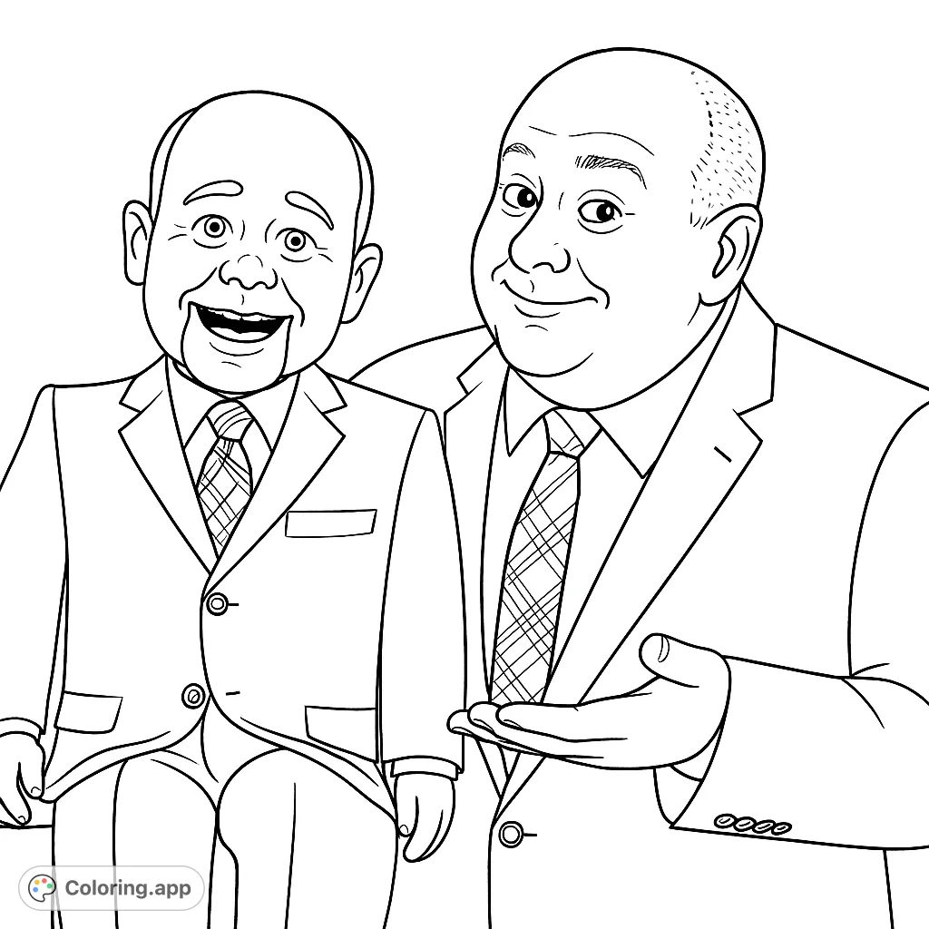 Color a charismatic ventriloquist and his expressive dummy in their formal attire, ready for a performance. A unique and engaging scene.