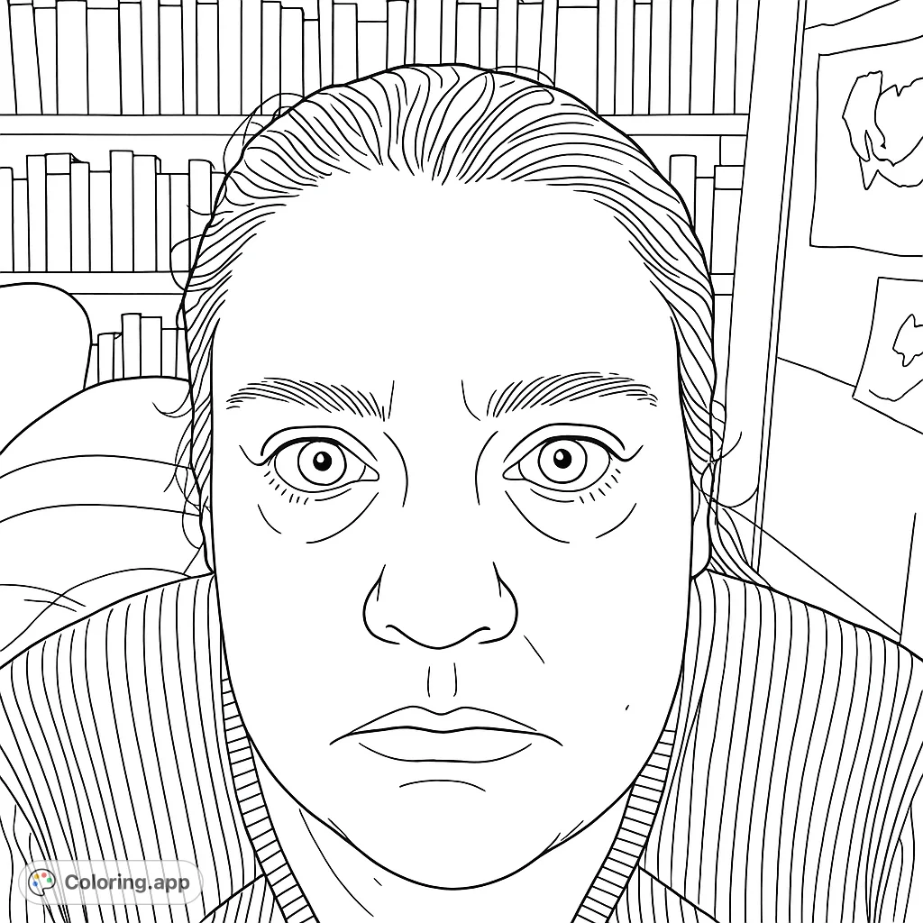 A detailed portrait of a woman with a solemn expression, featuring a striped garment and a classroom-like background with bookshelves. Perfect for thoughtful coloring.
