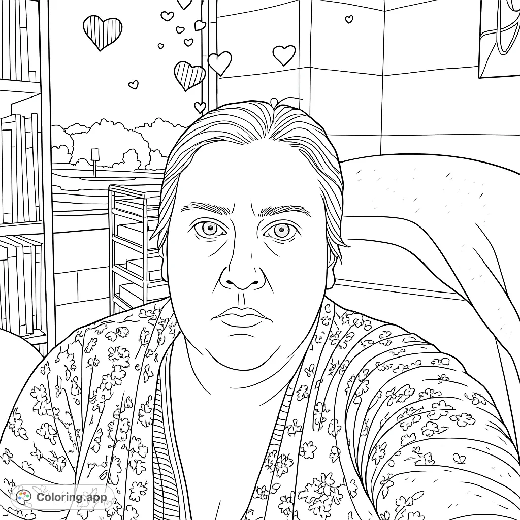 A person in a patterned cardigan surrounded by floating hearts, set in an office with a bookshelf and window view. A unique and engaging coloring page.