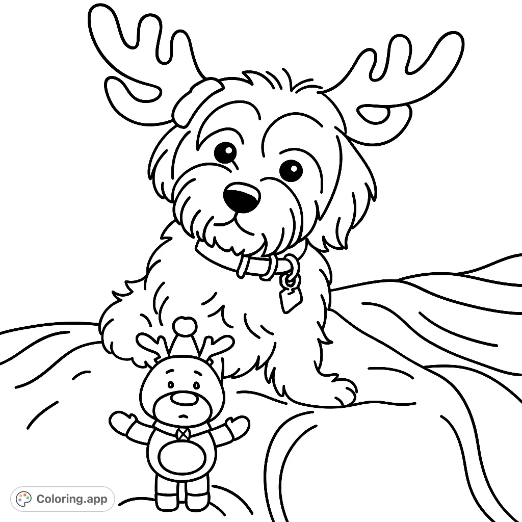 A charming puppy wearing festive antlers sits beside a cute reindeer toy, ready for holiday coloring fun. Perfect for kids and adults!
