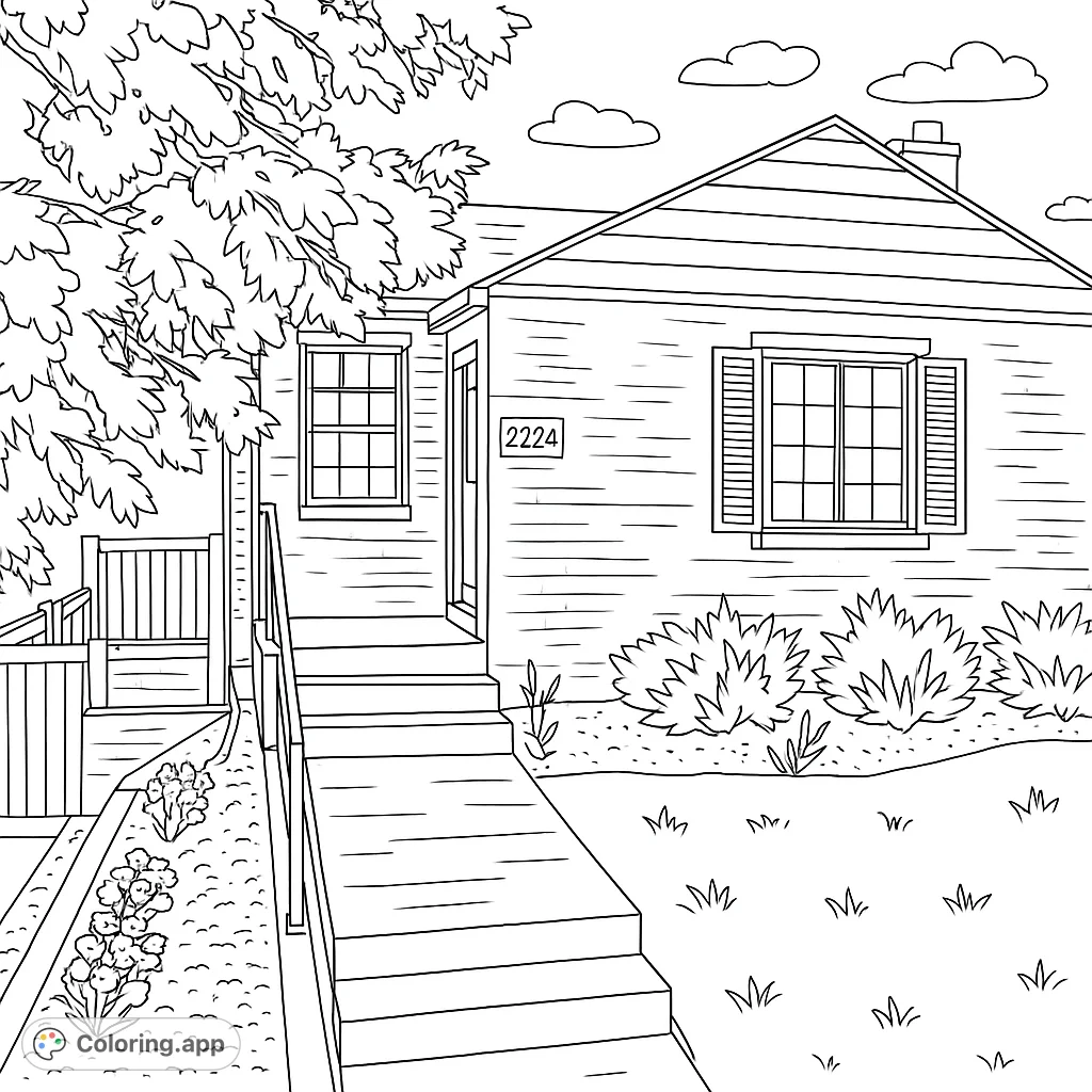 Color a cozy suburban home with detailed brickwork, lush landscaping, and a welcoming pathway. Perfect for architectural enthusiasts and garden lovers.