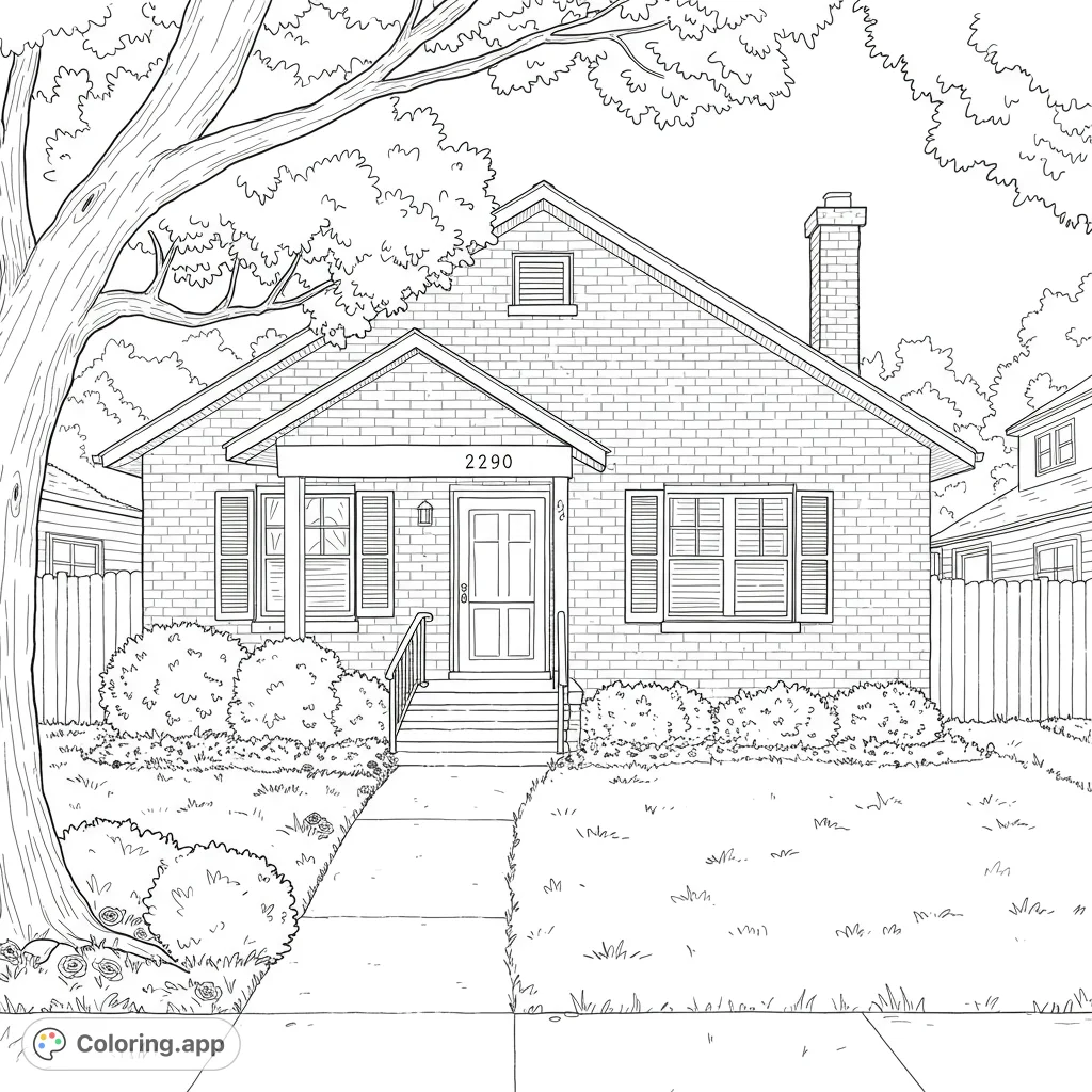 Explore a charming single-story house with a gabled roof, brick facade, and inviting front porch. Perfect for a relaxing coloring experience.