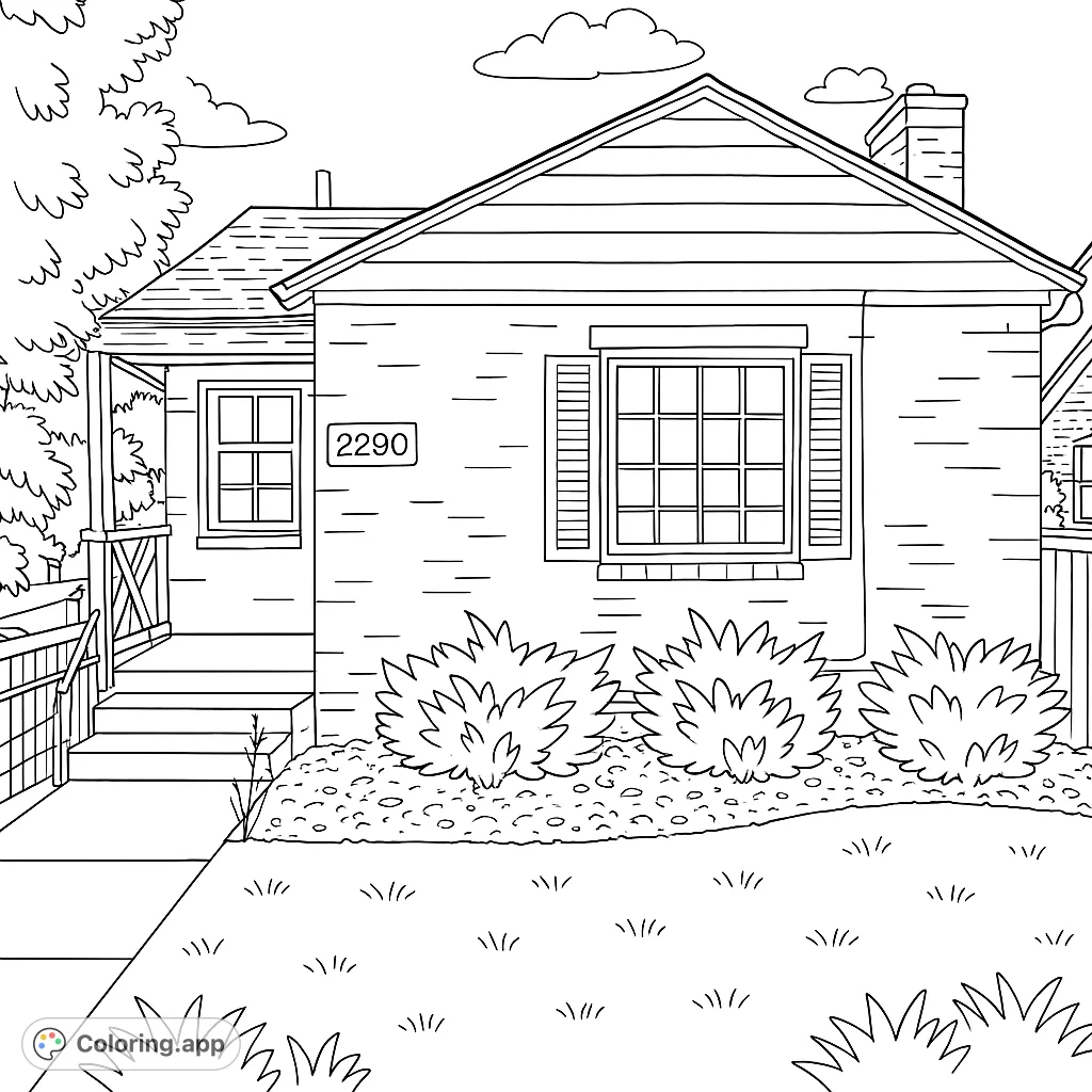 Color a charming house with brick walls, a gabled roof, and a welcoming pergola. Features detailed windows, lush bushes, and a peaceful front yard.