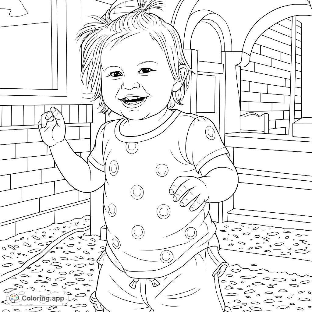 A joyful toddler stands outdoors, ready for play, with a big smile and playful details. Perfect for young artists to color and enjoy.