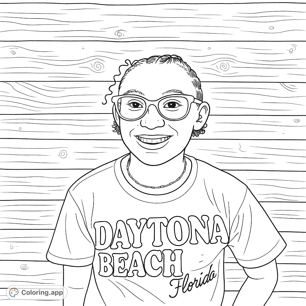 A cheerful youth portrait featuring a smiling person with glasses and a patterned t-shirt against a wooden background. Perfect for personalizing.