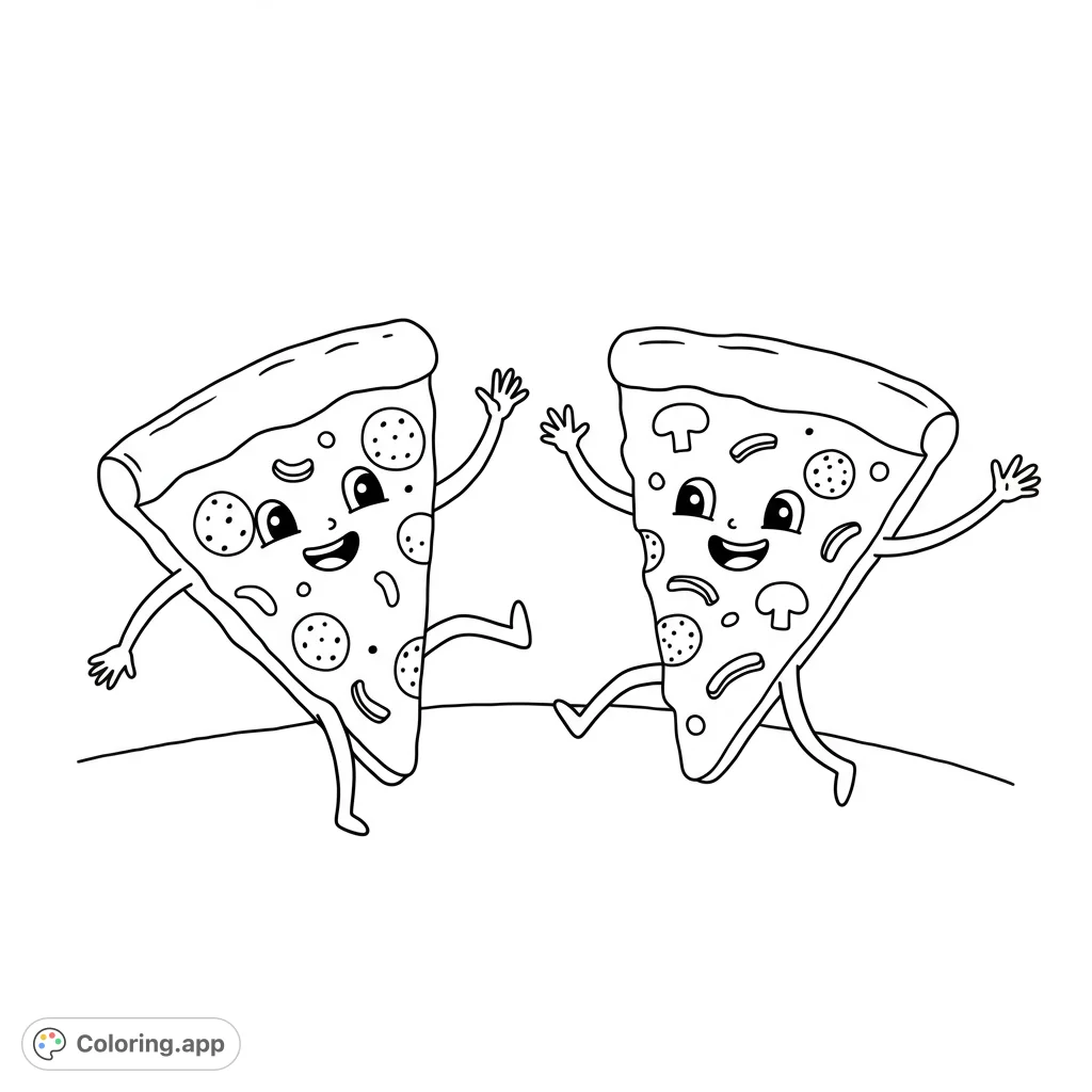 A fun pizza slices dancing coloring page featuring two cheerful, anthropomorphic pizza slices mid-groove, perfect for foodies and fun-lovers.
