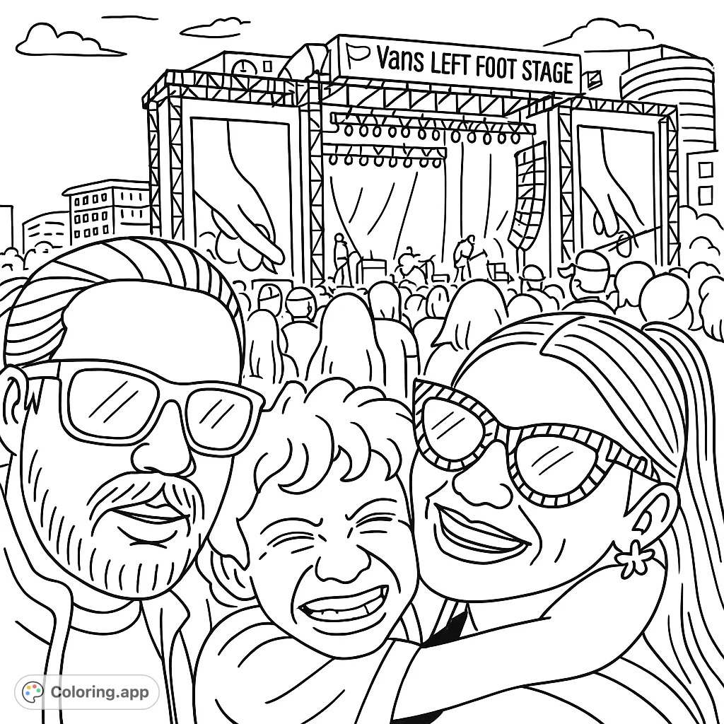 Capture the excitement of a live concert with this family-friendly coloring page. Features a joyful family selfie against a vibrant festival backdrop.