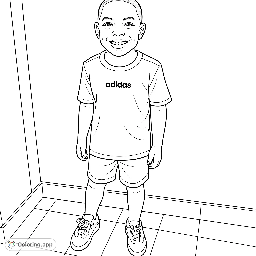 A cheerful young boy stands smiling in a room corner, ready for a creative coloring adventure. Features a simple background for easy coloring.