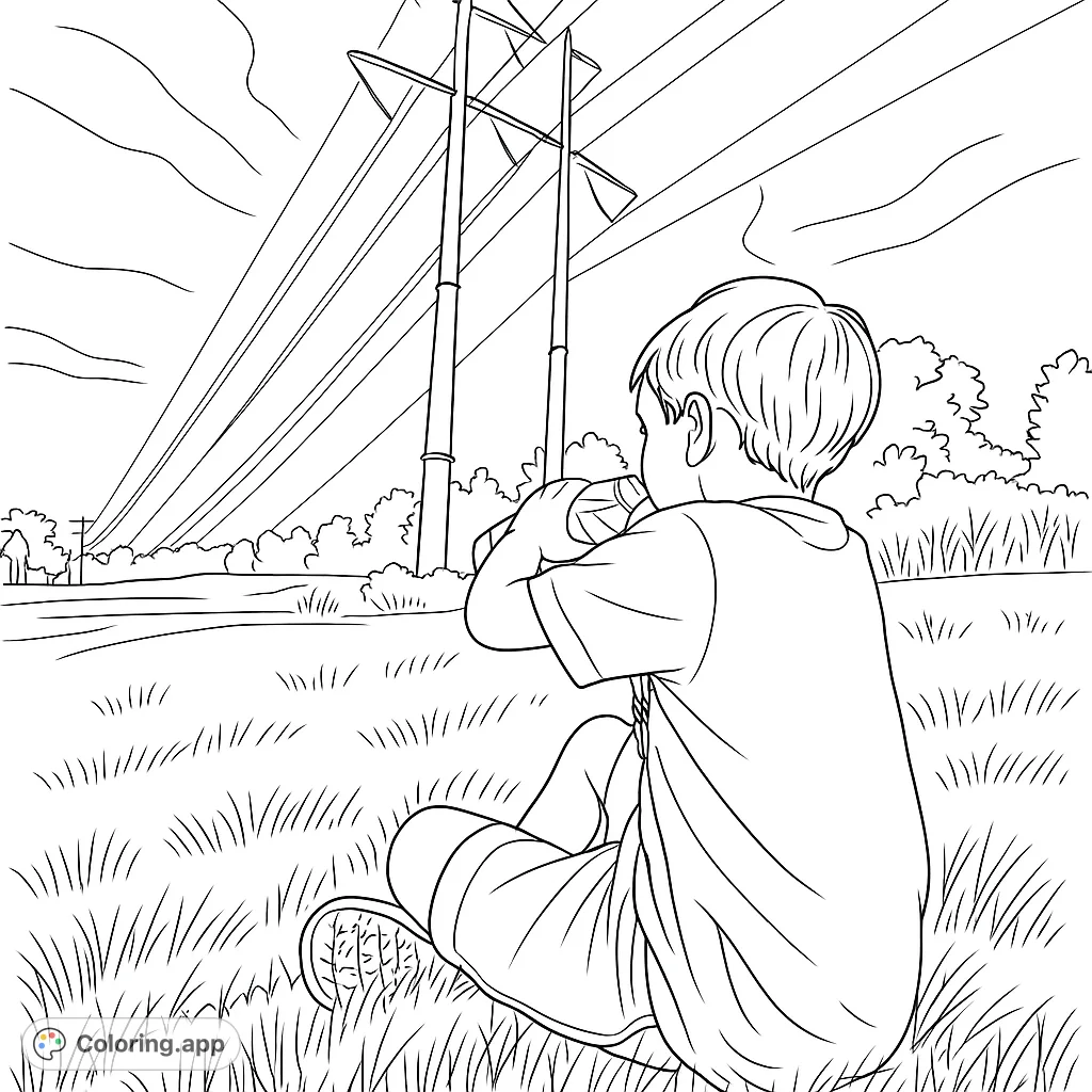 A child takes a break, drinking from a bottle in a vast grassy field, with towering power lines stretching across the sky. A unique scene for coloring.
