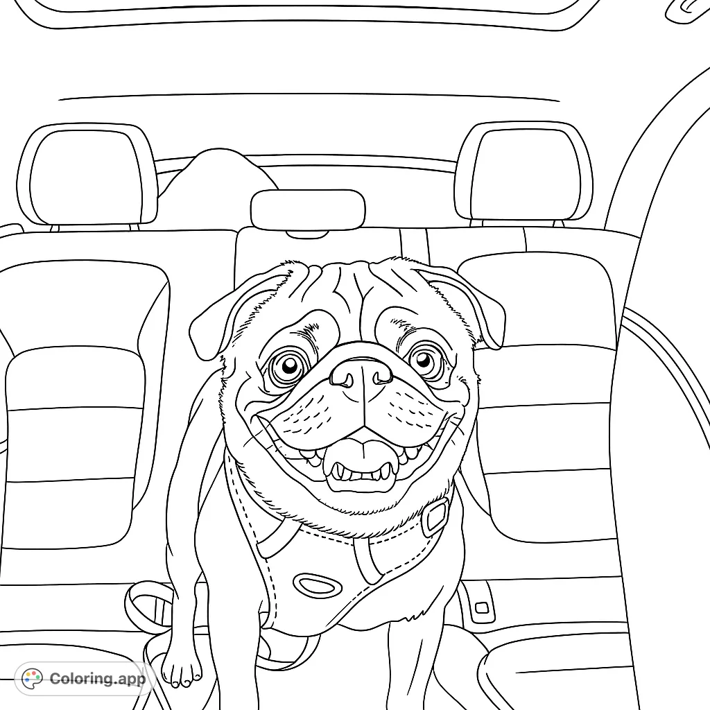 Capture the joy of a happy pug on a car ride! This delightful pug coloring page features a cheerful dog ready for adventure, perfect for pet lovers.