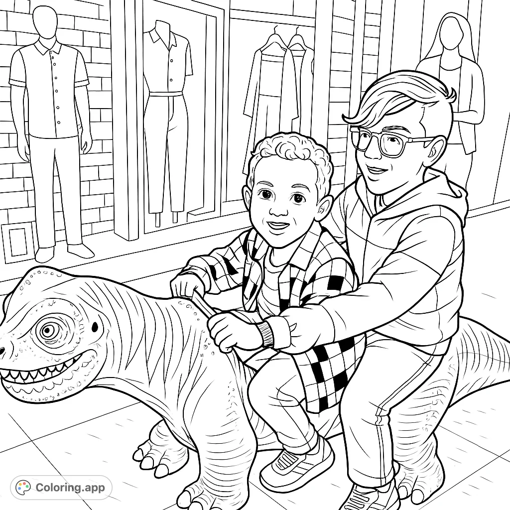 Two happy boys on a thrilling dinosaur ride, ready for adventure! A fun, detailed scene perfect for imaginative coloring.
