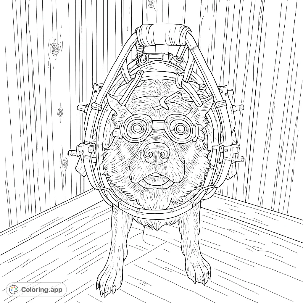 An adventurous dog in a unique harness and goggles, ready for action. A detailed post-apocalyptic canine companion coloring page.