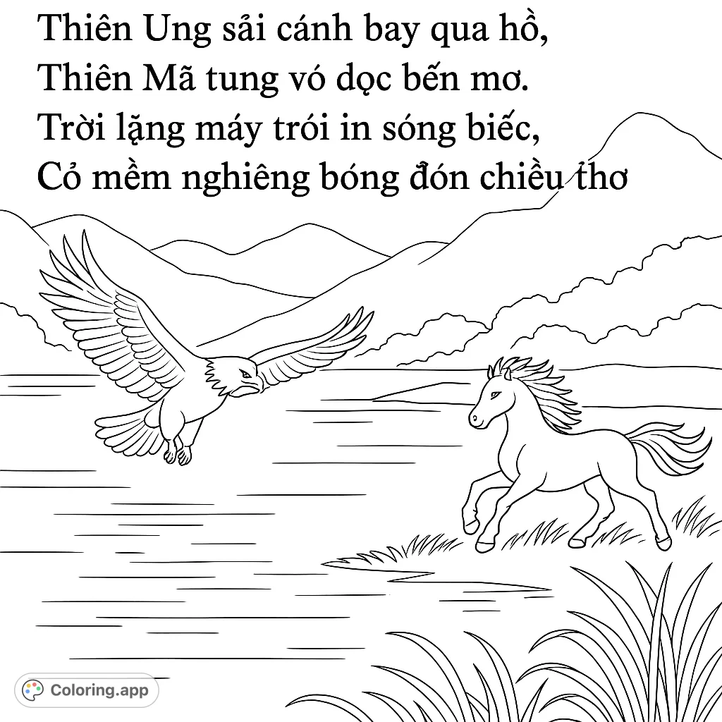 A majestic eagle soars above a tranquil lake while a powerful horse gallops along the shore, set against a backdrop of rolling mountains.