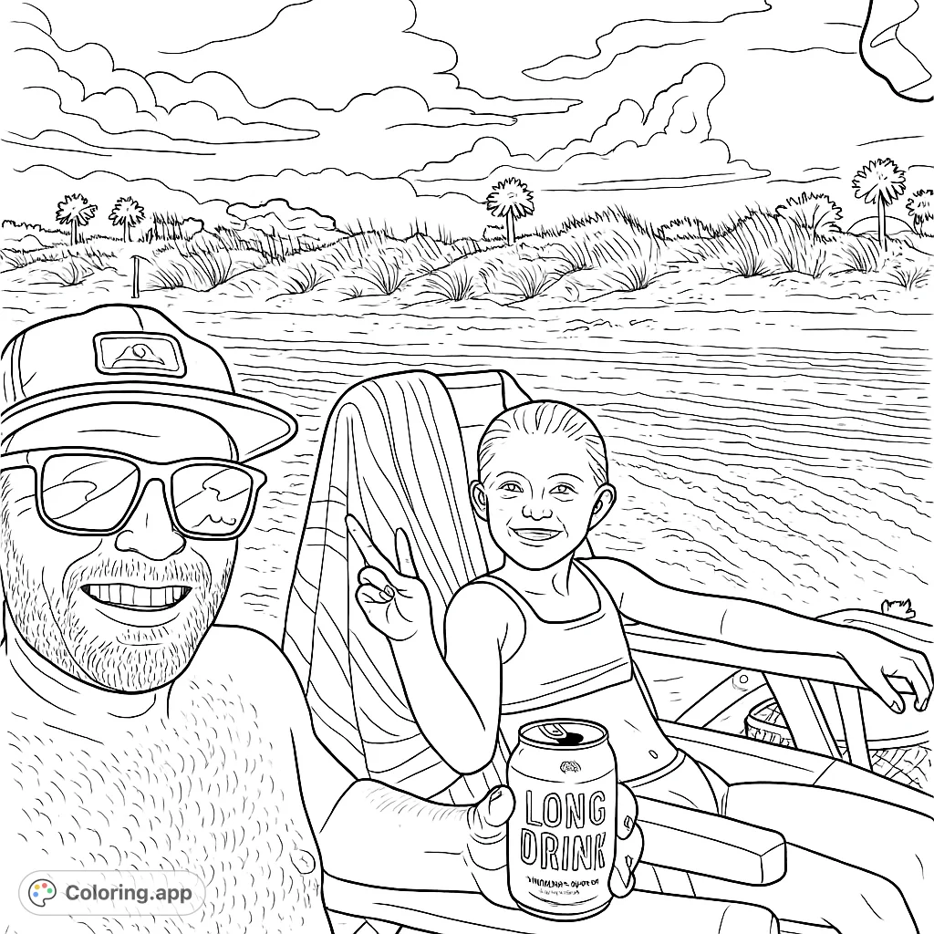 Enjoy a relaxing beach day with this father and daughter duo. Perfect for a summer escape, featuring sandy shores, beach chairs, and happy smiles.