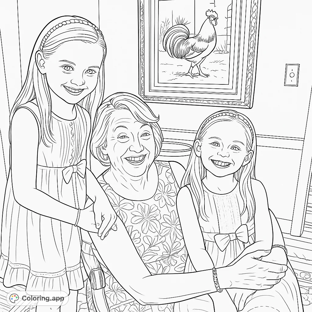 Capture a heartwarming family moment with a grandmother and her two granddaughters. A delightful scene perfect for all ages to color and cherish.