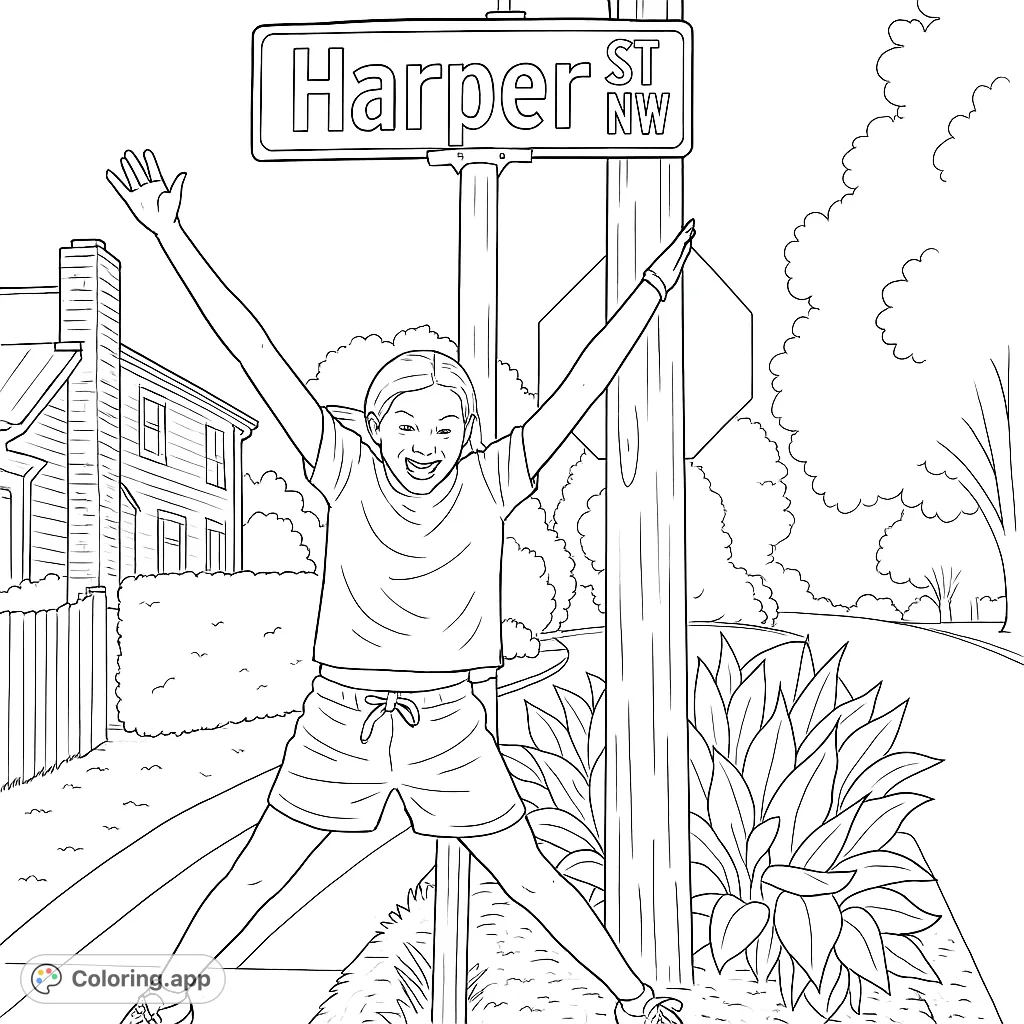 A joyful girl jumps beside a street sign, capturing a moment of pure fun in a charming neighborhood setting. Perfect for a happy coloring adventure.