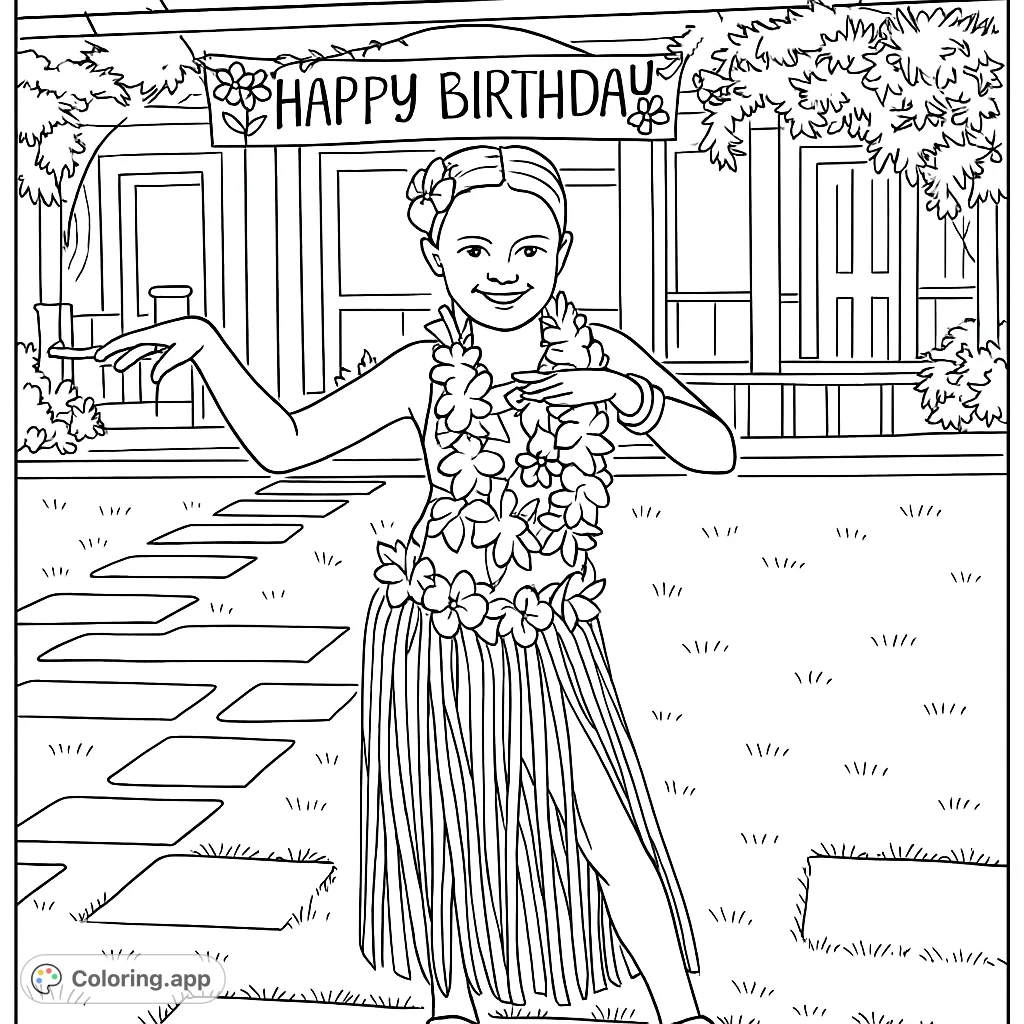 Celebrate a tropical birthday with a cheerful girl in a hula costume, complete with a grass skirt and lei, ready for a festive party.