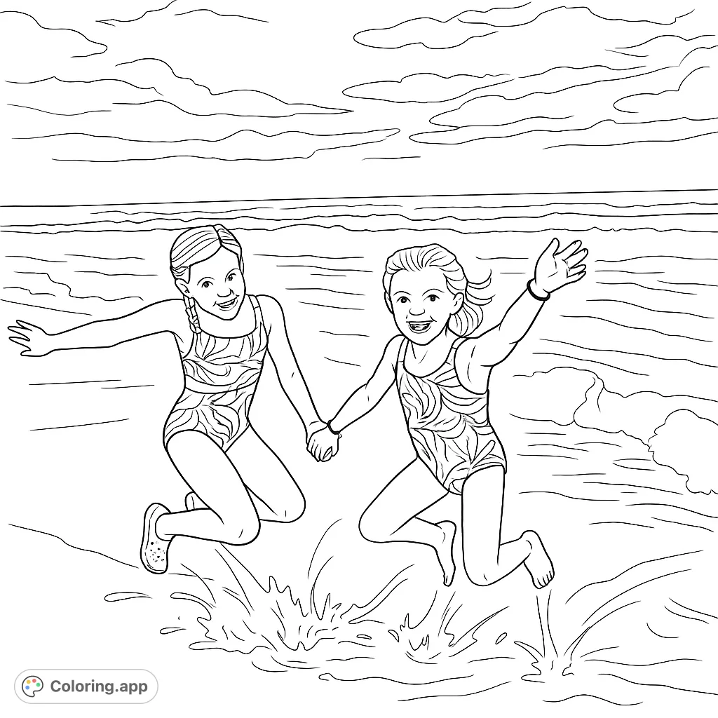 Two joyful girls leap high on a sandy beach, holding hands amidst splashing waves. A fun, free printable beach day coloring page for kids.
