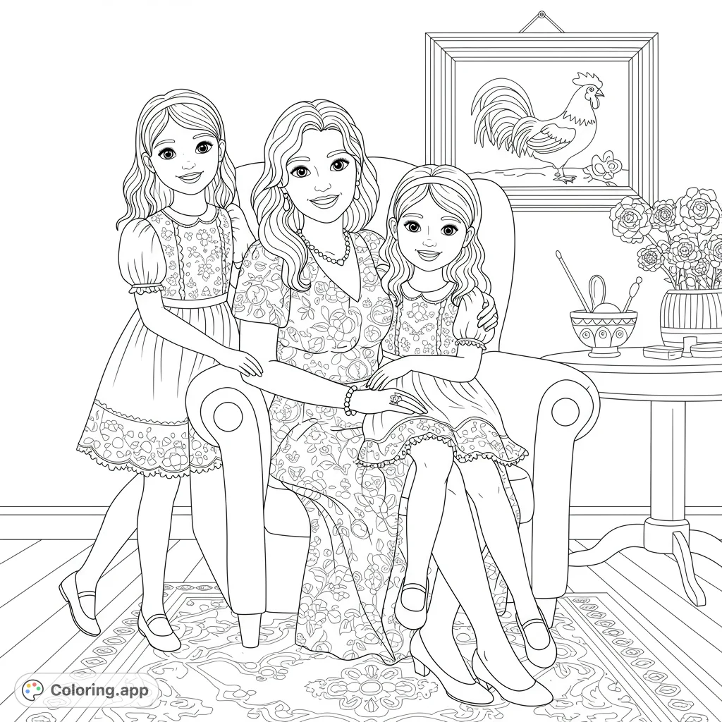 A heartwarming scene of a woman embracing two smiling girls in an armchair, surrounded by homey details like a patterned rug and a rooster painting.