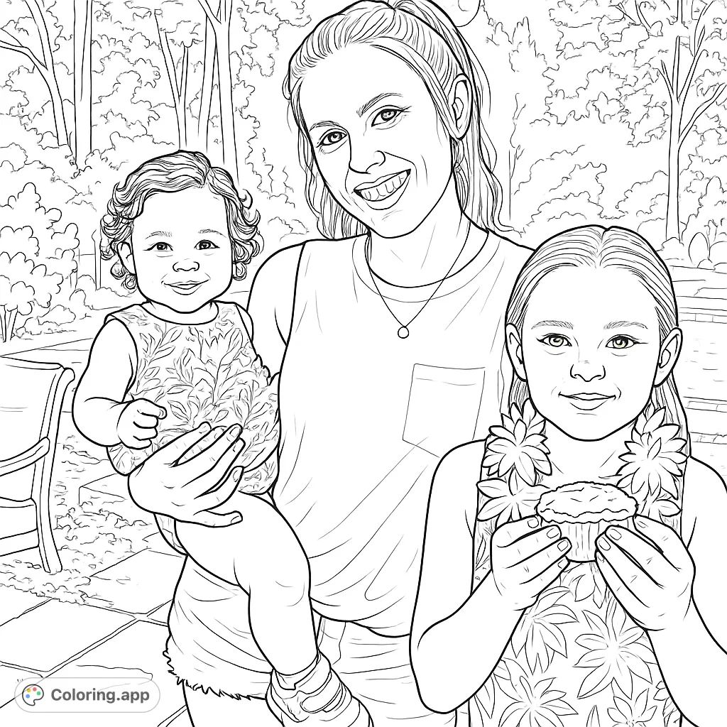A heartwarming family scene featuring a woman, a baby, and a young girl enjoying an outdoor celebration with treats and a festive atmosphere.