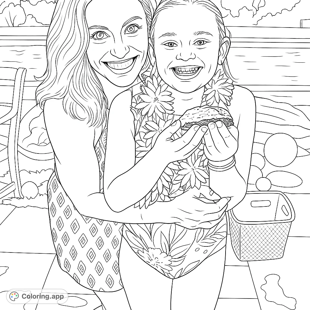 A heartwarming scene of a woman and girl embracing by a pool, celebrating with a sweet treat. Perfect for summer fun.
