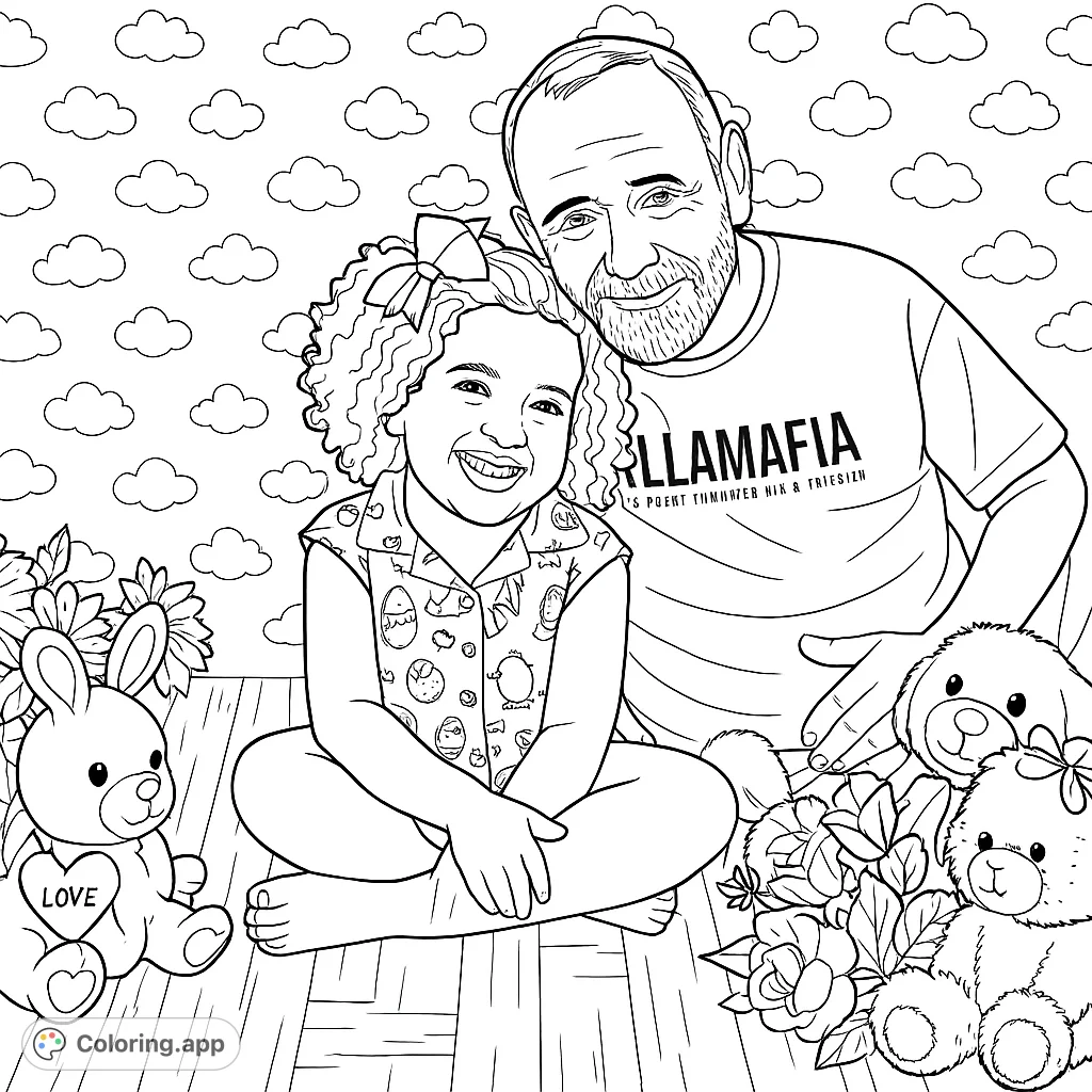 A heartwarming scene of a man and a young girl surrounded by plush toys and flowers, perfect for a joyful coloring experience.